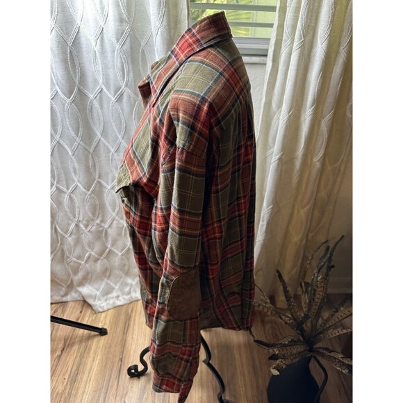 Austin Reed Mens L Cotton Flannel Plaid Shirt Suede Elbow Patches pockets chore - Picture 4 of 14
